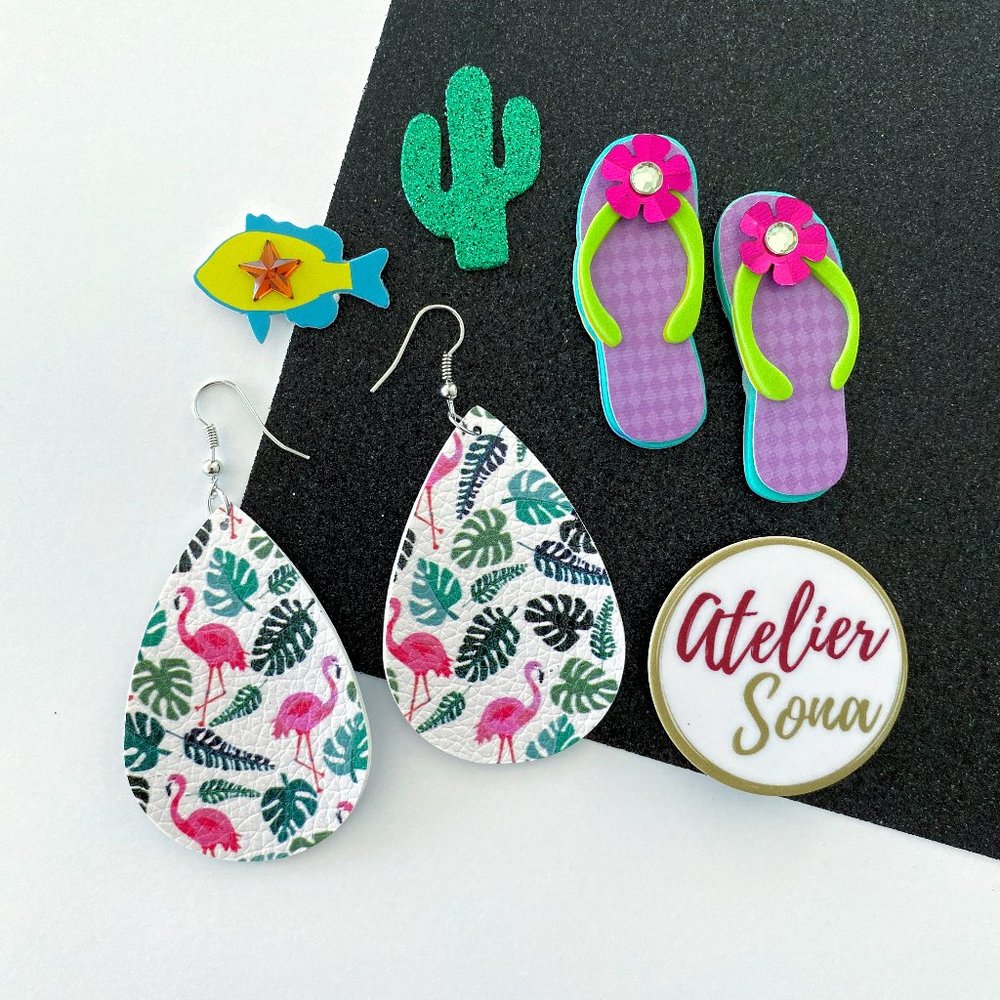 Summer Flamingo & Palm Tree Tear Drop Earrings - Picture 1 of 2